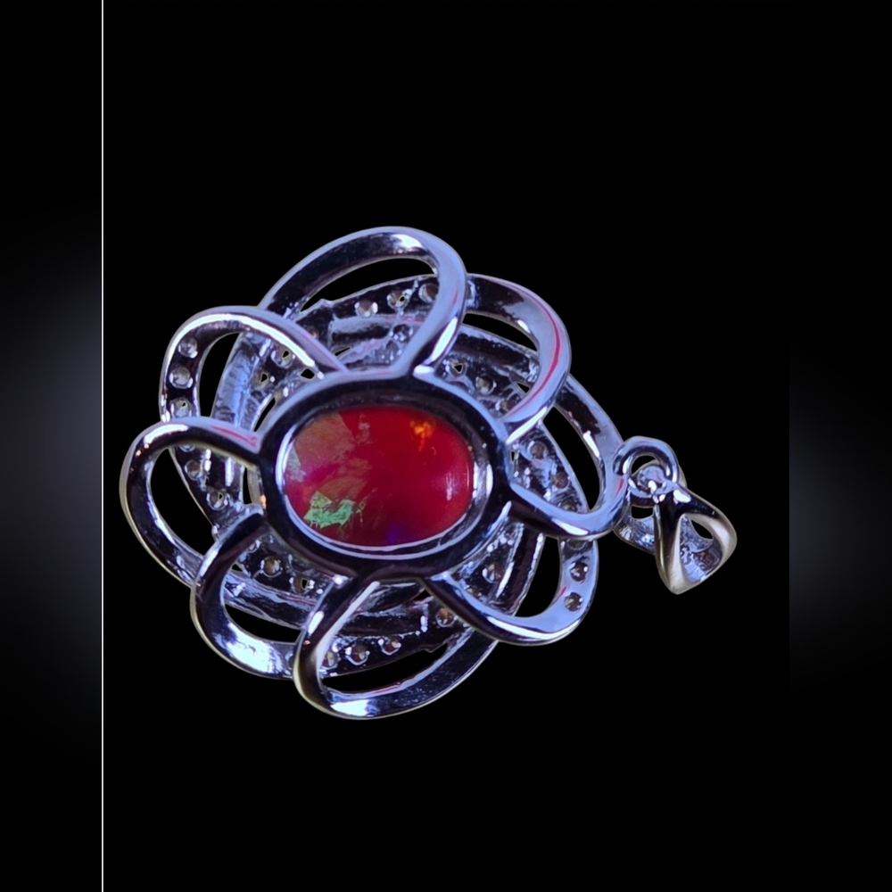 925 Sterling Silver 14K Yellow Gold Plated Pendant with Natural Red Opal & Cz - Picture 5 of 8
